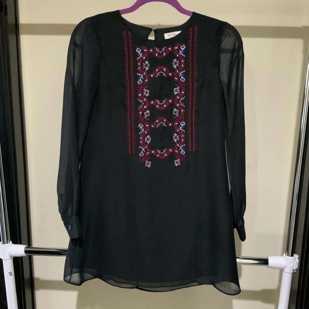 BCBGeneration Black Long Sleeve Dress with Embroidery